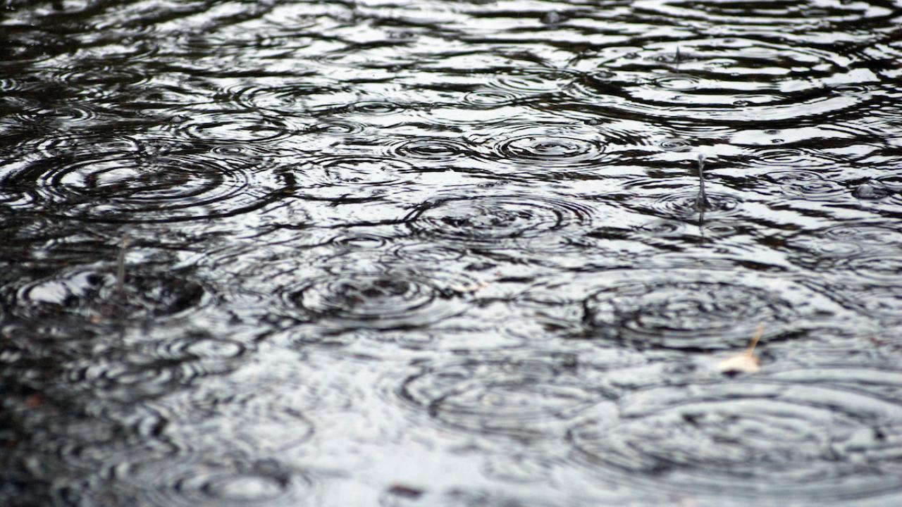 a pool reflects light and rain drops