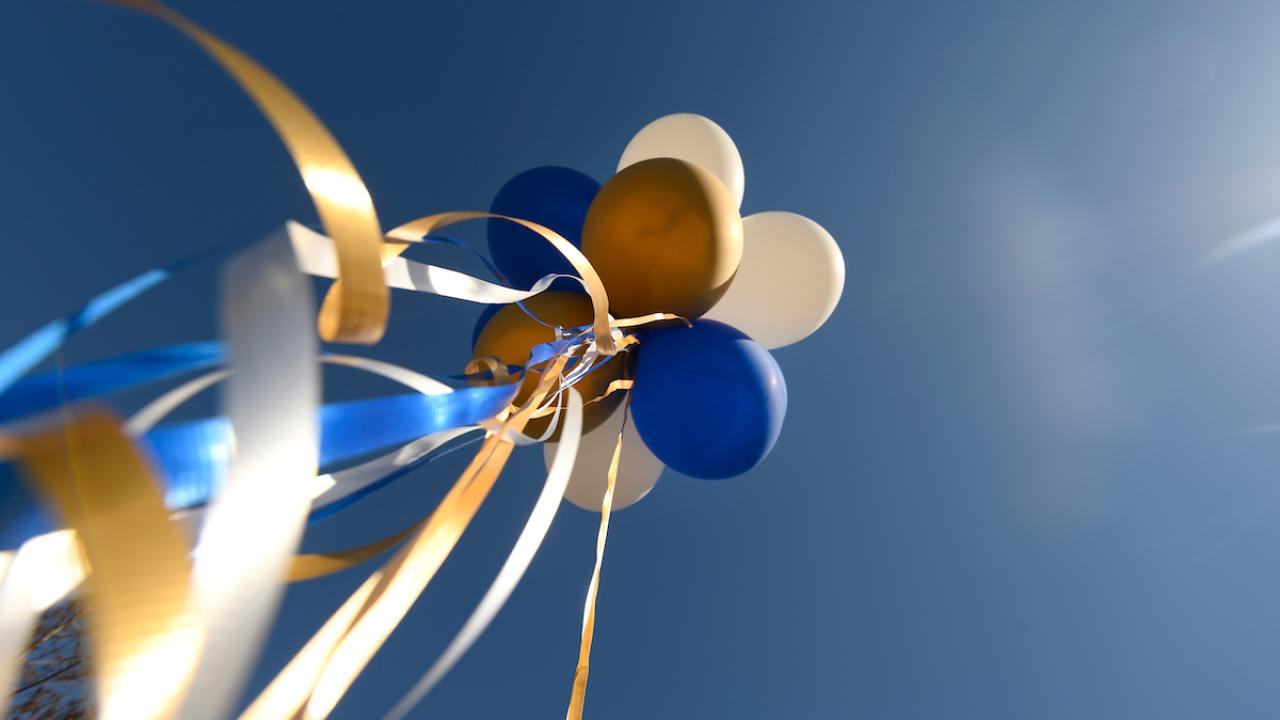 Balloons and ribbons in blue and gold denote celebration