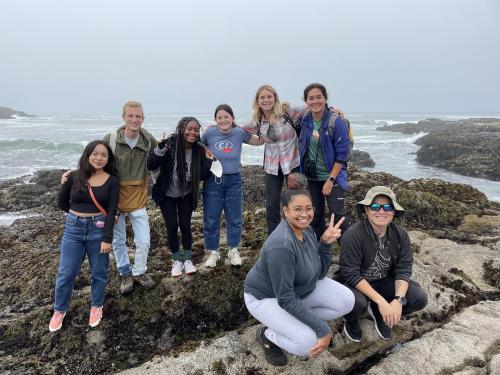 Students on a field trip to the Bodega Marine Lab on a foggy day
